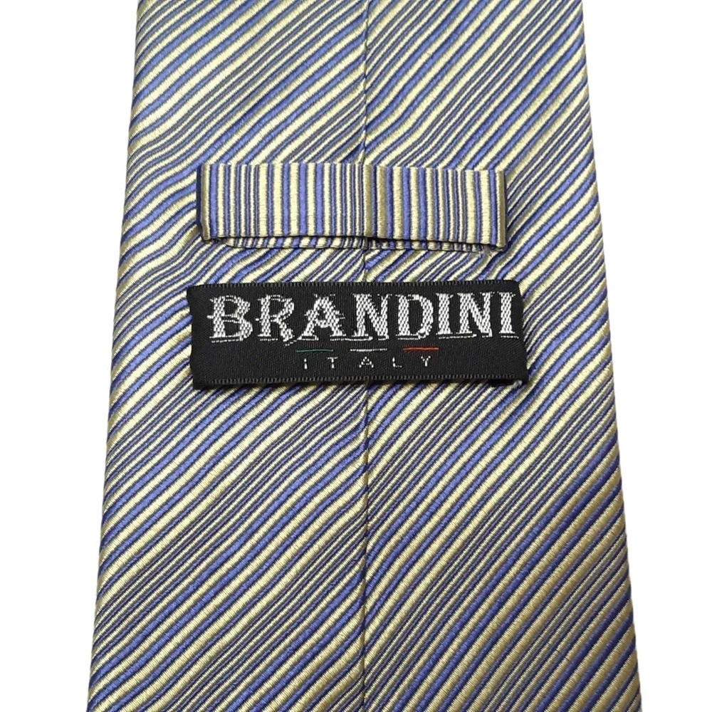BRANDINI‎ ITALY Mens Silk Stripe Tie Handmade Blue Yellow Formal Necktie